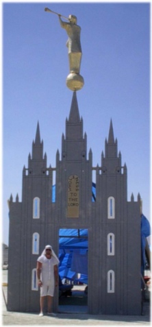 Mormon Temple facade and garments wearer.