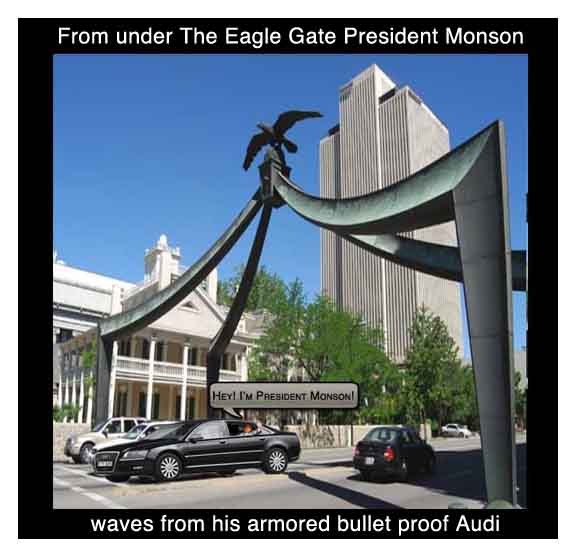 Thomas Monson waves from armored bullet proof Audi.