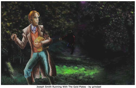 Joseph Smith running with gold plates by grindael.