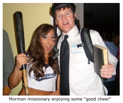 Mormon missionary enjoying some good cheer.