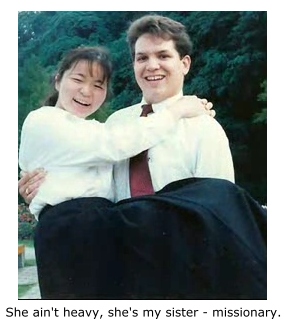 Mormon missionary with sister.
