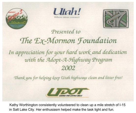 Kathy Worthington helped Ex-Mormon Foundation with I-15 adopt a highway.