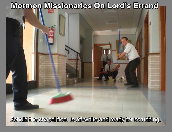 Mormon Missonaries play work at church. The floor is off white ready for scrubbing.