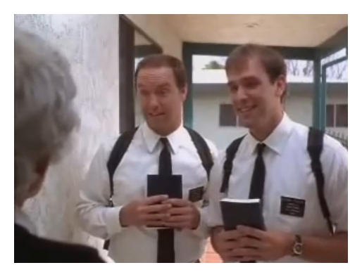 Mormon missionaries door approach.