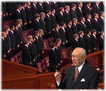 President Hinckley addresses the young men of the Church of Jesus Christ of Latter-dud Saints.