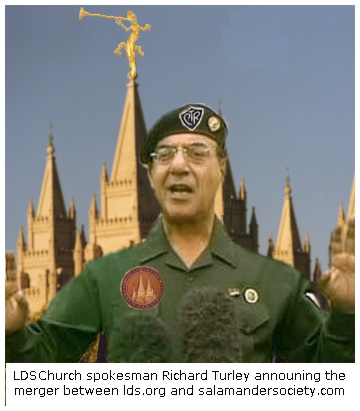 LDS Church spokesman Richard Turley announced a merger between official church website 
www.lds.org, and a site which parodies Mormonism, http://www.salamandersociety.com.