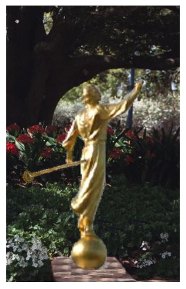 Moroni garden statue with horn blowing out his ass.