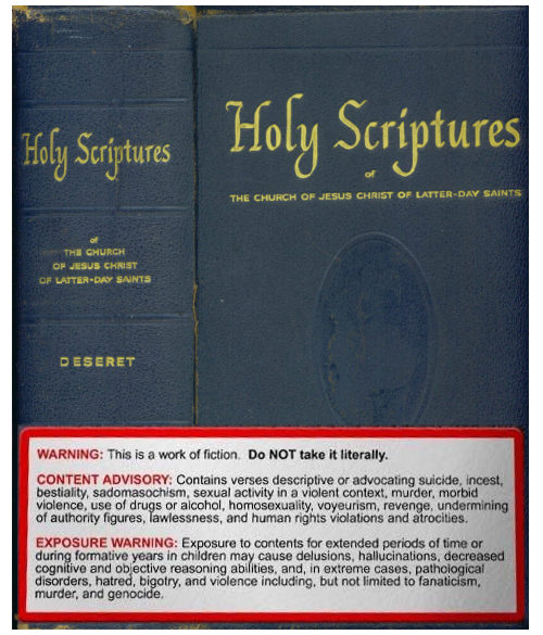 Mormon LDS scripture black box warning label.