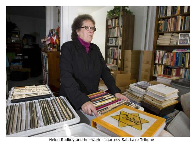 Helen Radkey is a researcher who has been on a decades long drive to undermine 
the LDS Church's temple ritual in which living Mormons are baptized for a person who has died. Here she goes through some of her numerous boxes of research files on the baptisms that take up part of an extra bedroom in her home. (Al Hartmann / The Salt Lake Tribune ).