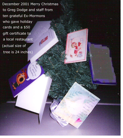 2001 Exmormon Christmas cards and tree to Gred Dodge staff.