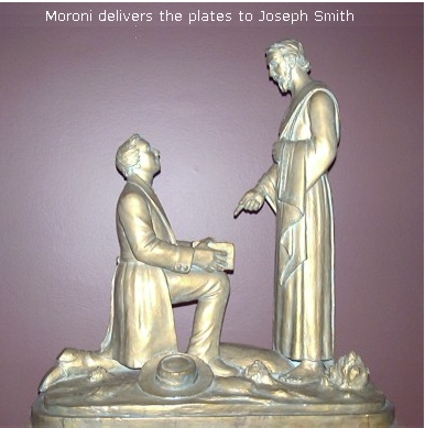 Moroni delivers gold plates to Joseph Smith.