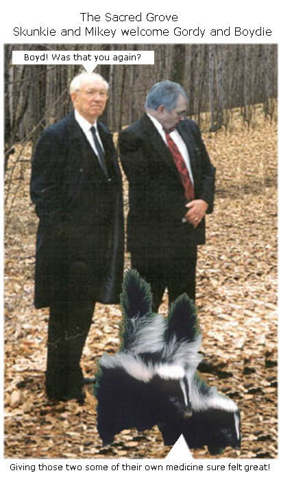 Gordon B Hinckley Boyd K Packer and Skunk Puppet in Sacred Grove.