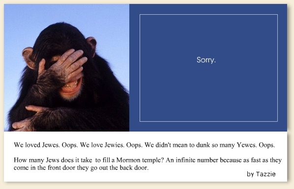 Mormon post card from monkey to Jewish people.