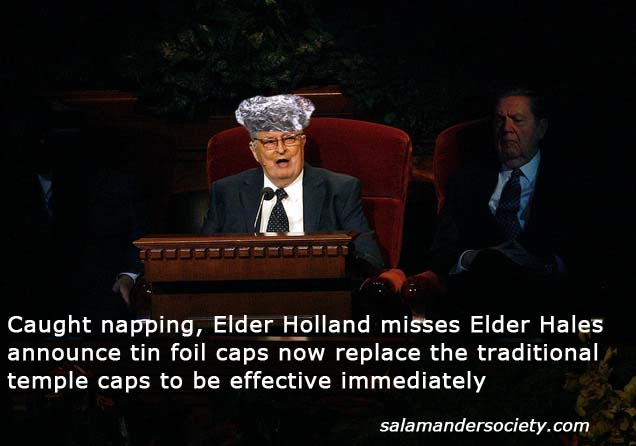 Mormon tinfoil temple caps Jeffery Holland.