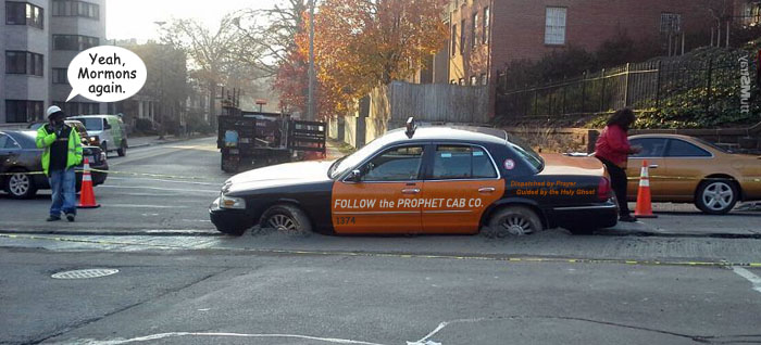 Follow the Mormon prophet and get stuck taxi by Stray Mutt.