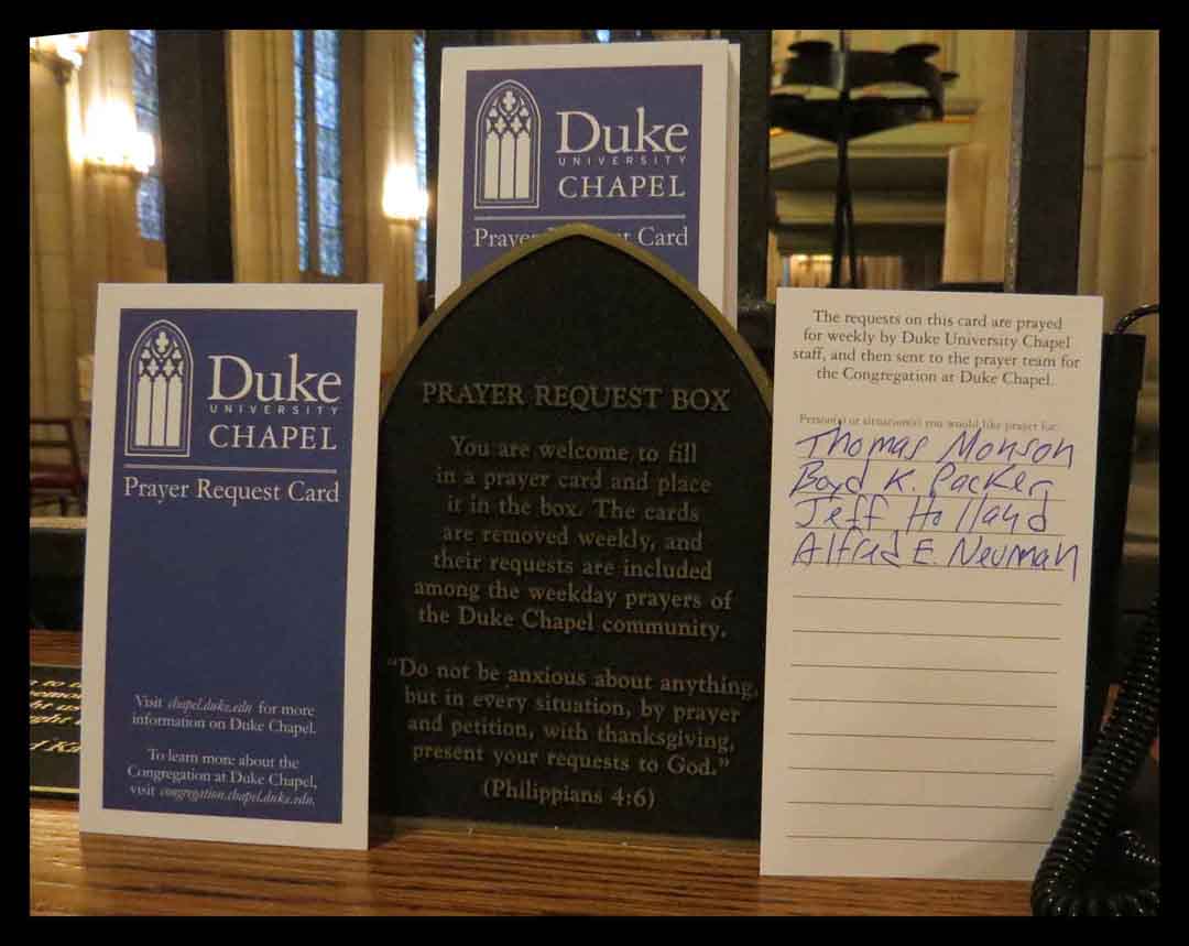 Mormon leaders on Duke Chapel prayer roll by cricket.