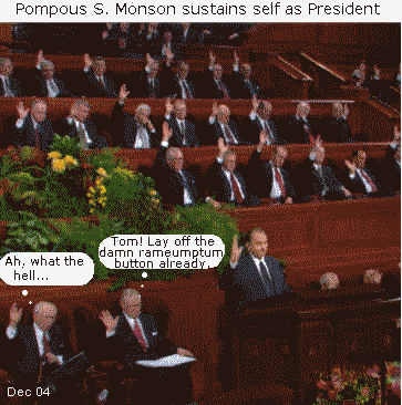Pomous S Monson at podium.