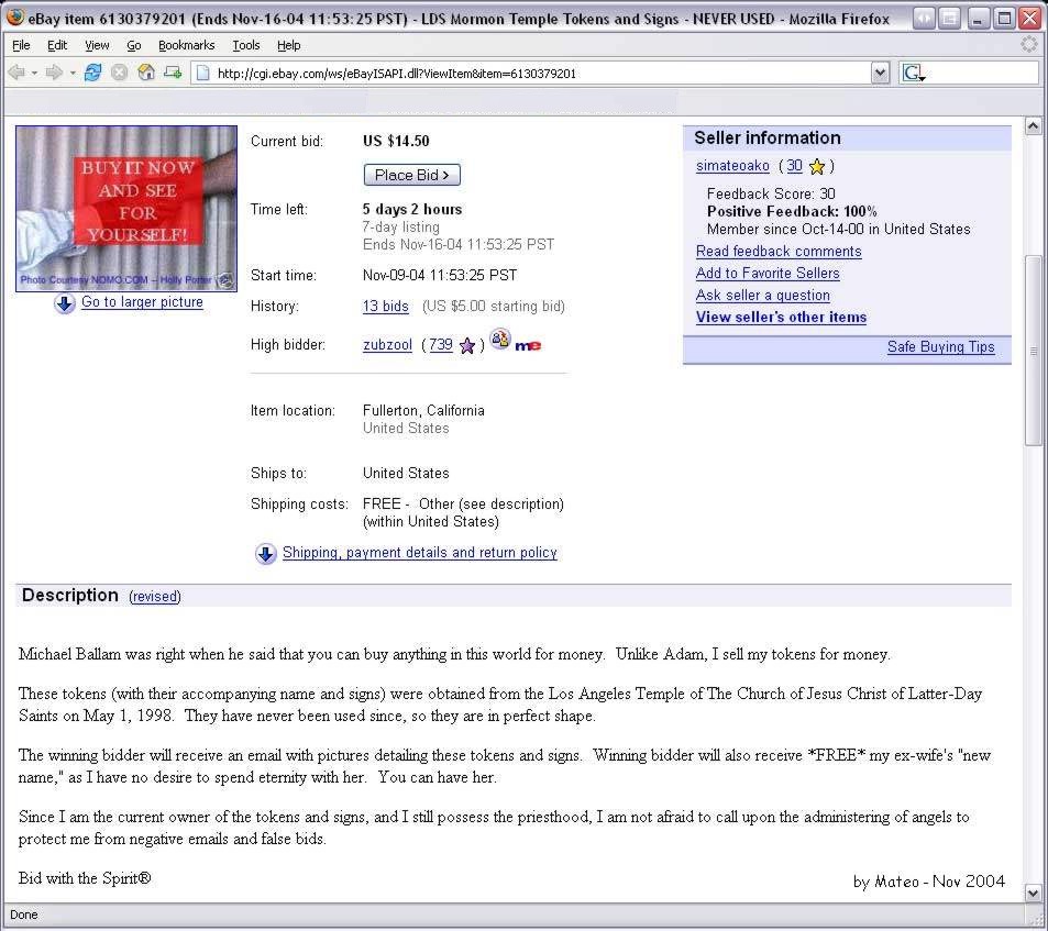 Mormon LDS temple tokens for sale on eBay.